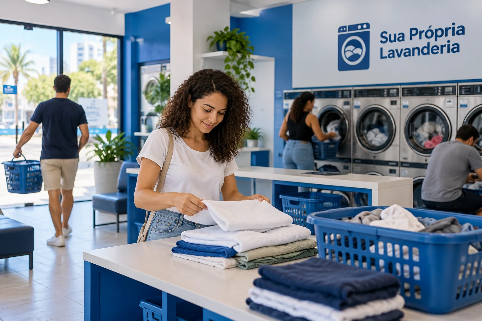 Lavanderia self-service em operação, com equipamentos alinhados e área de circulação