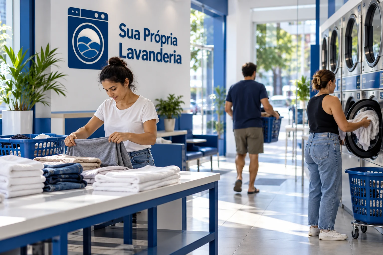 Lavanderia de autosserviço em funcionamento, com máquinas comerciais em fileira