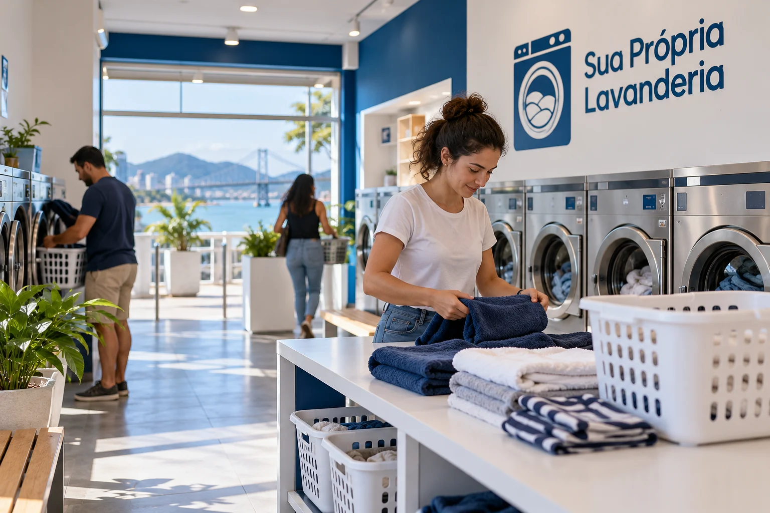 Lavanderia self-service em funcionamento com máquinas e área organizada