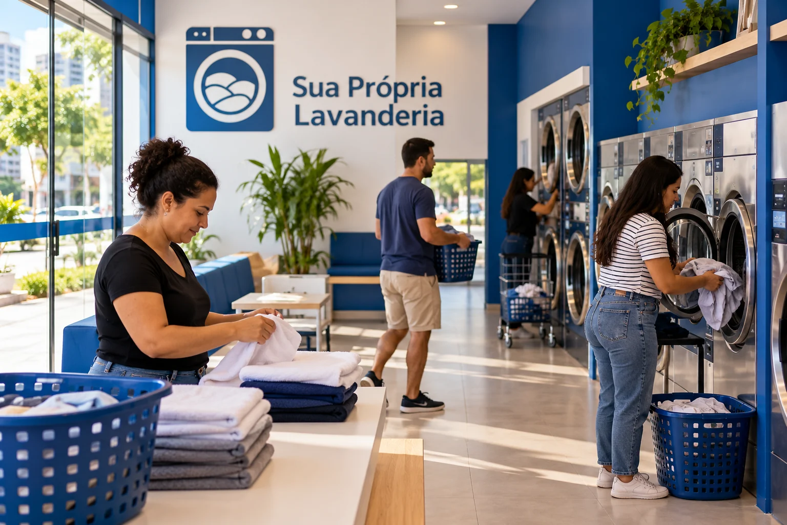 Lavanderia de autosserviço em operação, com equipamentos comerciais e ambiente organizado