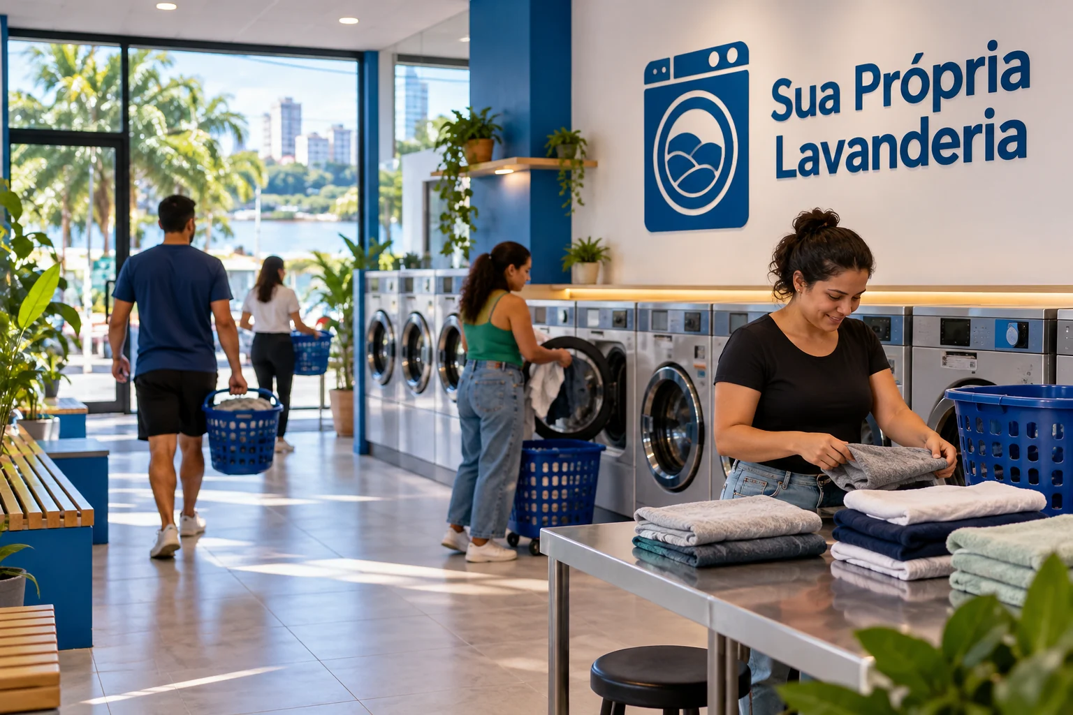 Lavanderia self-service em funcionamento, com máquinas comerciais e espaço organizado