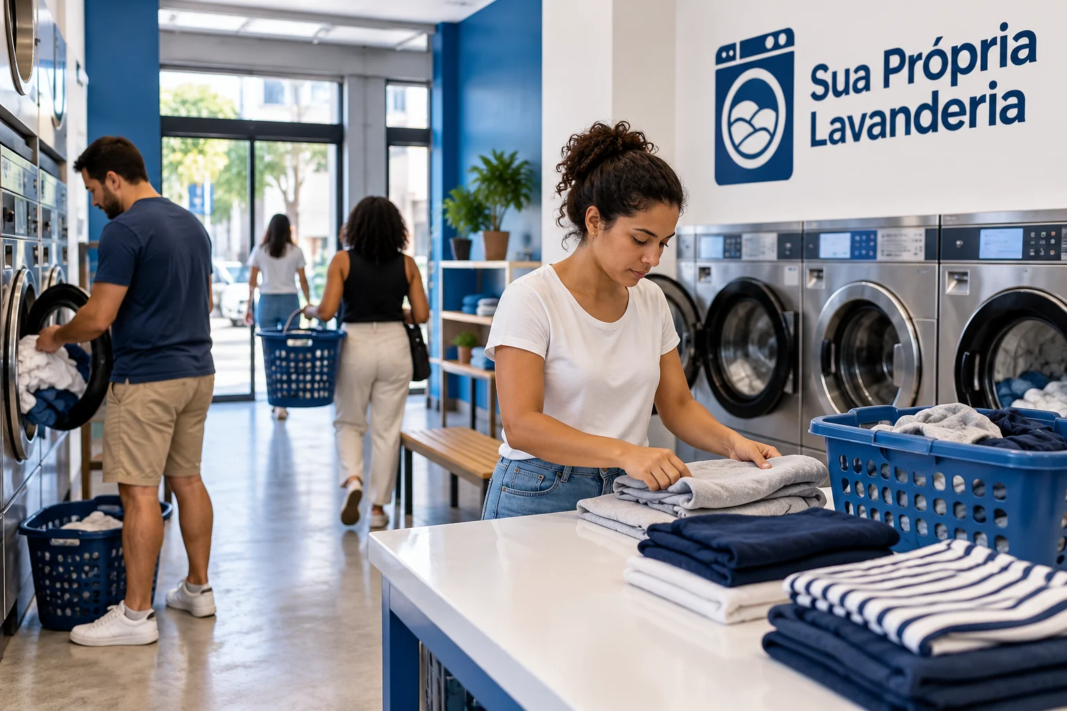 Interior de lavanderia self-service em funcionamento, com máquinas e área de atendimento organizada.