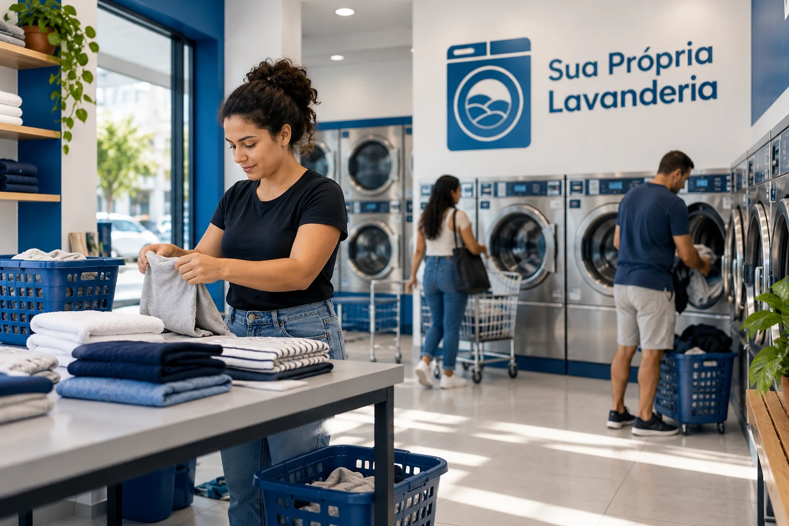 Lavanderia self-service em operação, com fileiras de máquinas e área de circulação; imagem ilustrativa, sem representar endereço ou conta específica.