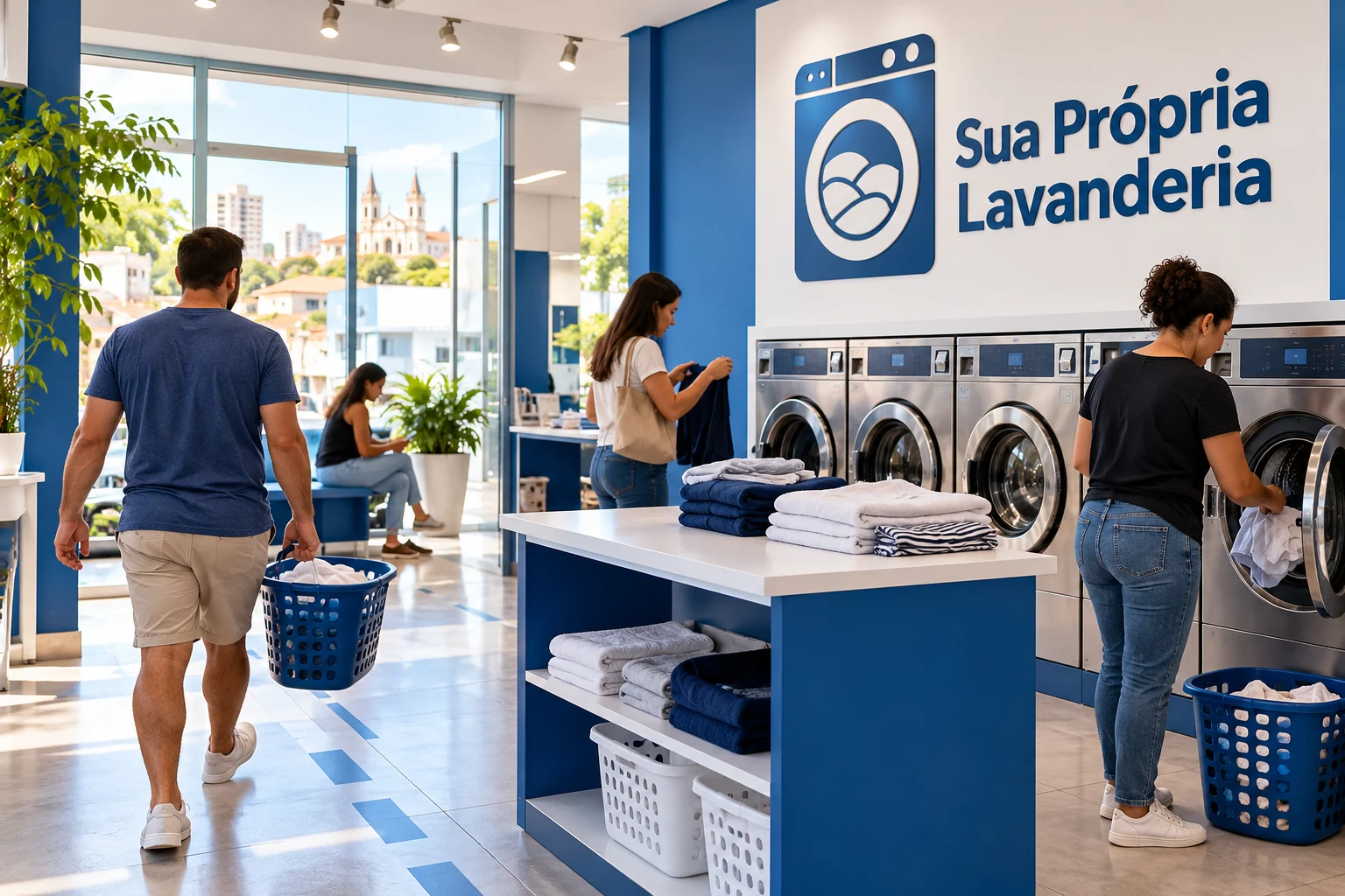 Lavanderia self-service pronta e em funcionamento, com clientes e área de máquinas; imagem ilustrativa, sem representar estabelecimento de Patos de Minas.