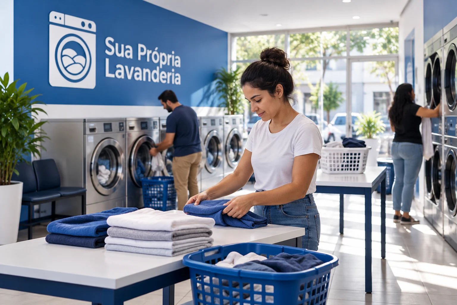 Lavanderia self-service comercial com corredor livre entre máquinas; imagem ilustrativa e sem avaliação de segurança do local.