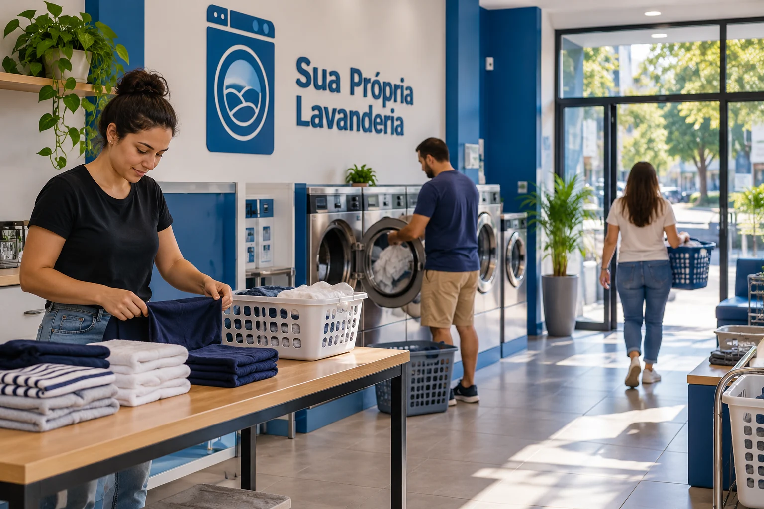 Lavanderia self-service pronta e em uso, com máquinas em funcionamento e paleta azul e branca; imagem ilustrativa.