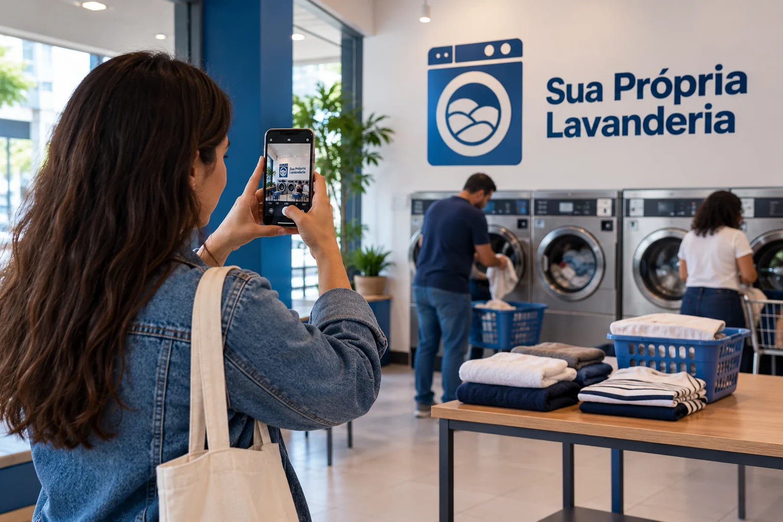 Lavanderia self-service em ambiente organizado, sem cliente identificável em destaque