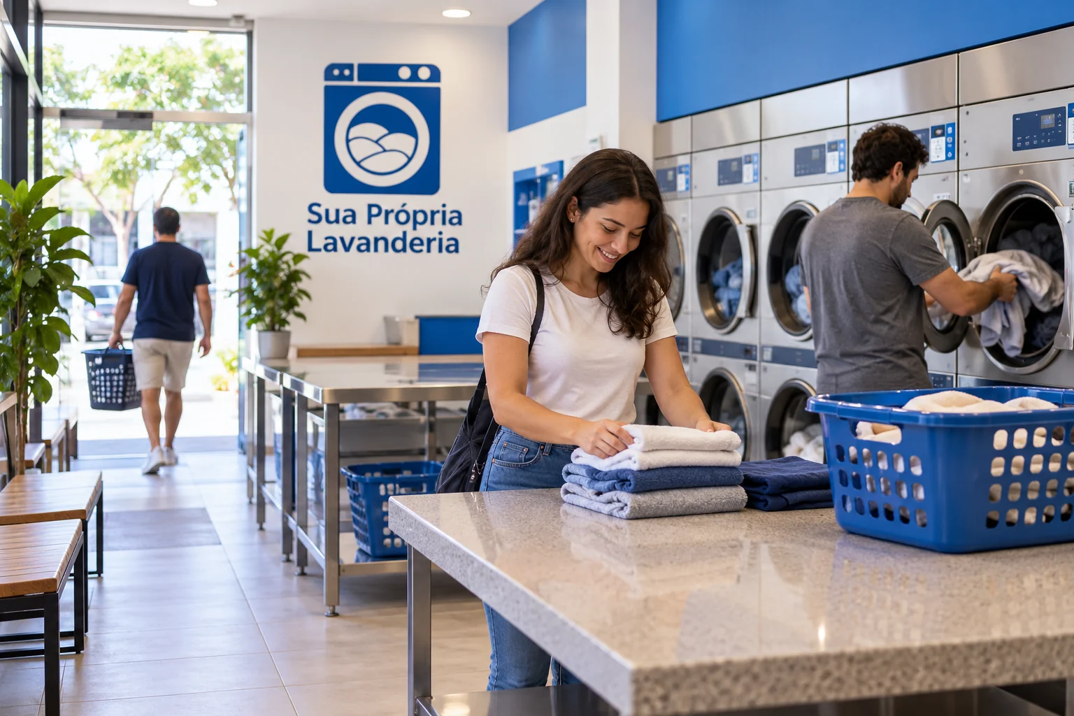 Máquinas comerciais instaladas em uma lavanderia pronta, com espaço de circulação para recebimento e operação.