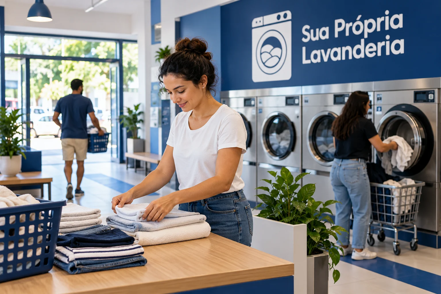 Secadoras comerciais instaladas em lavanderia self-service, com painel de operação visível.