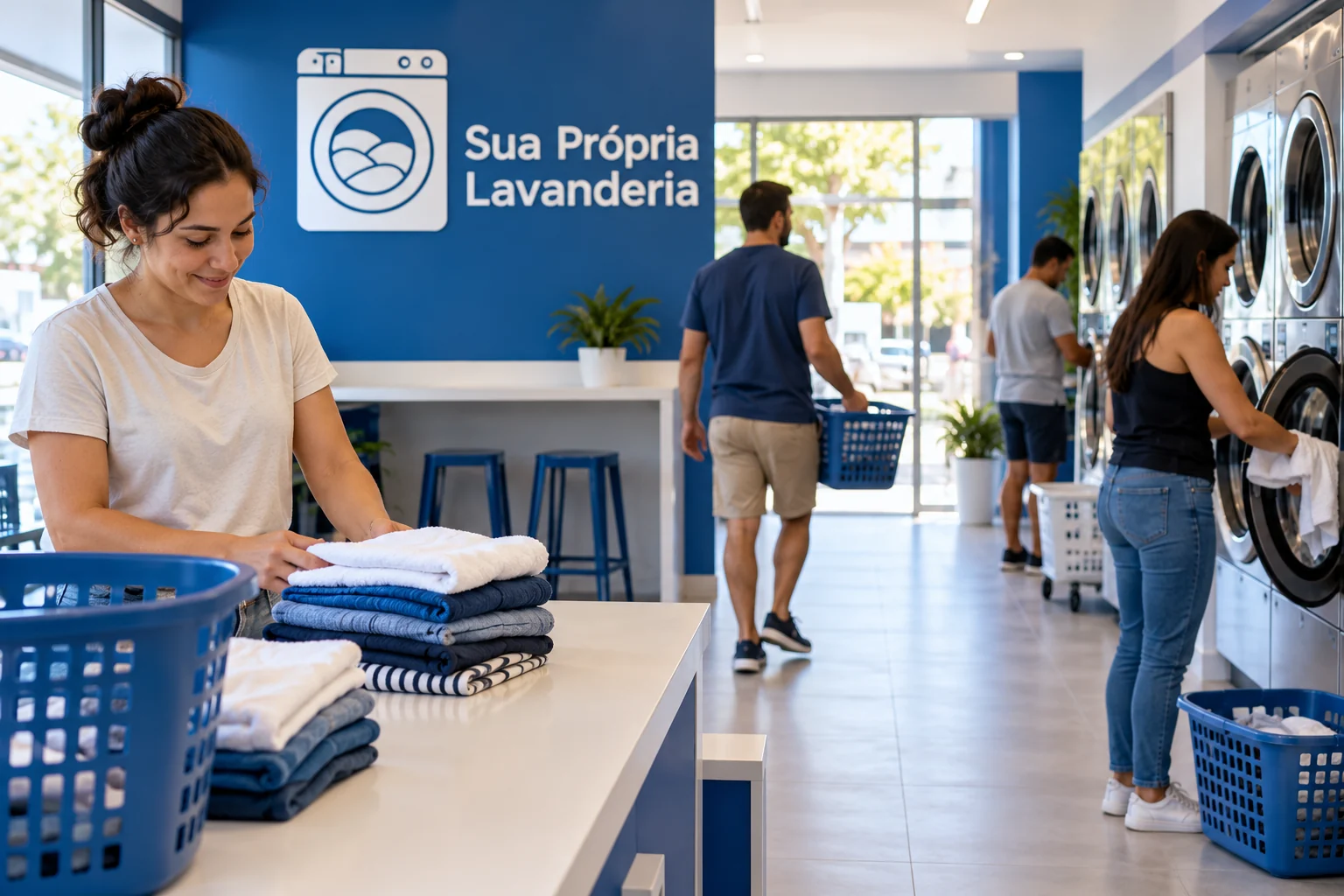 Cliente usando um QR Code perto do painel de uma máquina em lavanderia self-service.