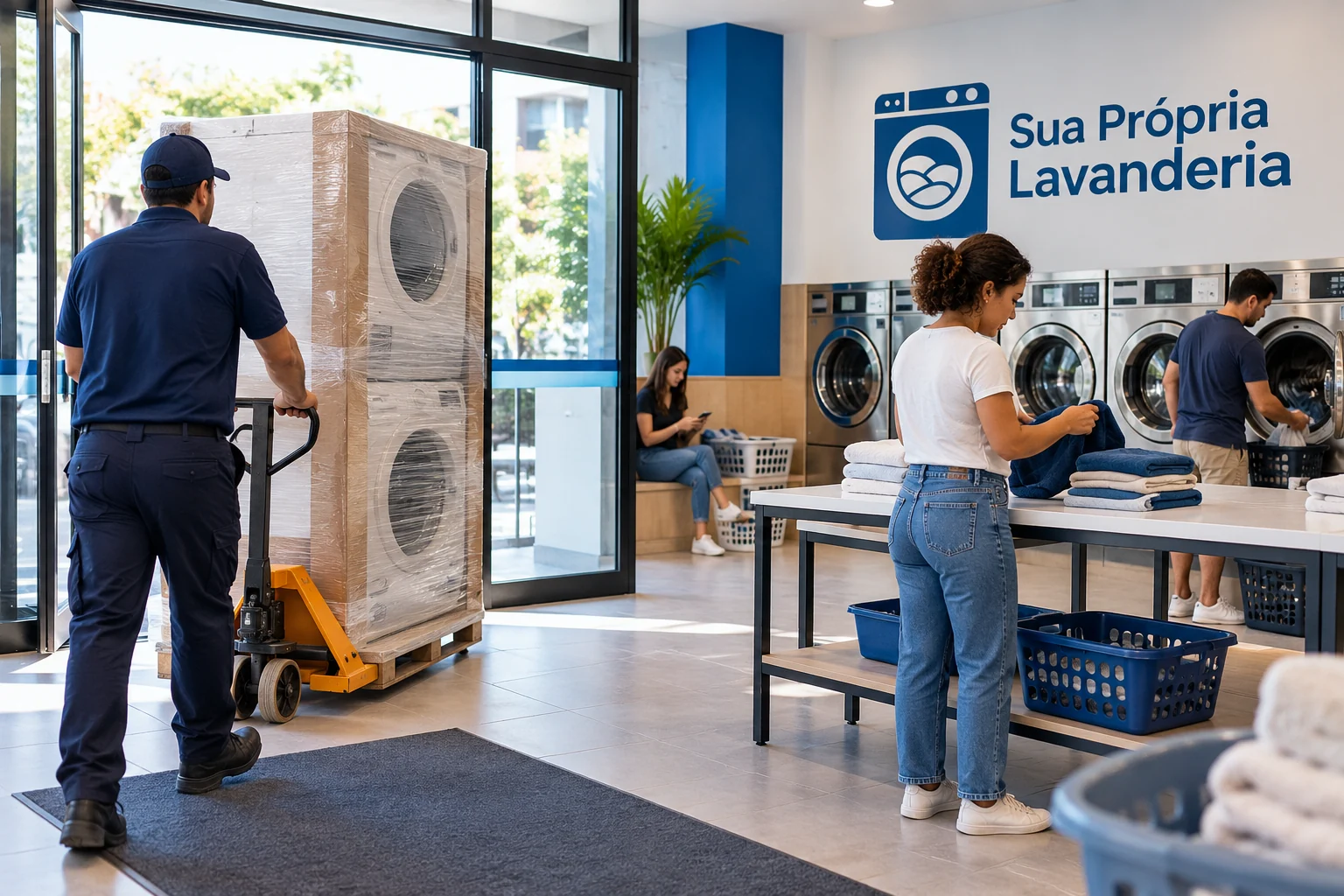Equipamento comercial protegido e pronto para descarga em uma lavanderia.